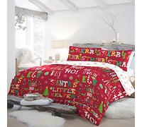 Fusion - Christmas Phrases Duvet Cover - Single Bedding Size (140 x 200cm) - Reversible (2 Designs) - 1x Pillowcase Included - Snowflakes Duvet Cover - Christmas Bedding in Red & White - Xmas Decor