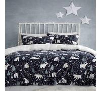 Fusion Christmas Polar Bear Duvet Cover Double Bed Starry Night Fleece Bedding (200x200cm) - Reversible - 2 Pillowcases - Navy Arctic Design - Festive Winter Bedding