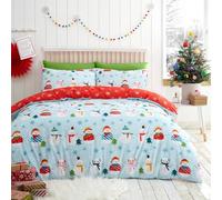 Fusion - Christmas Snowman Duvet Cover - Double Bedding Size (200 x 200cm) - Reversible (2 Designs) - 2x Pillowcases - Snowflake Duvet Cover in Duck Egg/Red - Snowman Christmas Bedding for Kids/Adults