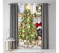 Fusion - Eyelet Single Decorative Curtain Panel - Christmas Tree Presents Scene - 54'' Width x 84'' Drop (138 x 214cm) in Green and White (CXTMI5484611U)