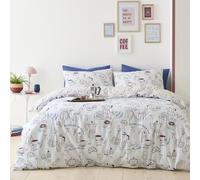 Fusion Coffee Club Duvet Cover Set Double 200 x 200cm - Natural Polycotton Easy Care Bedding with Fun Coffee Club Print, Includes 2 Pillowcases