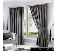 Fusion DIJON Charcoal Grey - Blackout Pencil Pleat Curtains, Tiebacks & Cushions