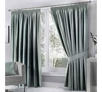 Fusion Duck Egg Blue Blackout Pencil Pleat Curtains W66 x L90" - Thermal & Soundproof - 2 Panels - Cotton Window Treatment for Bedroom or Living Room