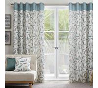 Fusion Duck Egg Blue Leaf Curtains W46 x L54 (117x137cm) - 100% Cotton - 2 Panels - Eyelet - Blue Floral Bedroom & Living Room Drapes - Beechwood Collection