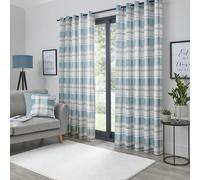 Fusion - Duck Egg Blue Tartan Curtains W66 x L90 (168 x 229cm) - 100% Cotton - 2x Panels - Blue Checkered Curtains - Aqua Blue Eyelet Curtains in Plaid - Sky Blue Curtains for Living Room/Bedroom