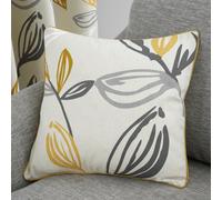 Fusion Leaf Print Cushion - 43x43cm - Grey & Ochre - Filled Scatter Pillow - Piped Edge - 100% Cotton Cover with Insert - Botanical Design - Decorative Sofa/Bed Cushion - Matching Curtains