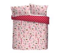 Fusion Festive Fancy Christmas Duvet Cover - Double Size 200x200cm - Reversible Pink Bedding with Candy Cane & Mistletoe Print - 2 Pillowcases - Soft Cotton Blend