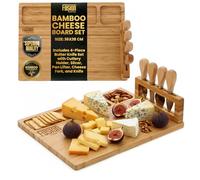 Fusion Food Cheese Board and Knife Set - Bamboo Cheese Board with 4-Piece Stainless Steel Blades & Rubber Wood Handles | Includes Cutlery Holder for Serving Cheese, Fruits, Bread & Snacks