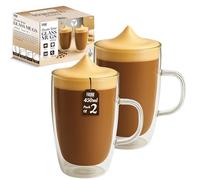 Fusion Food Double Walled Glass Coffee Mugs Set of 2-450ml Coffee Glass Cups for Hot & Cold Drinks - 13.6 x 14.2 cm Latte Mugs Scratch Resistant, Easy to Clean, Stylish Clear Coffee Glasses