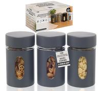 Fusion Food Stainless Steel Kitchen Canisters 3 Pack - 950 ml Airtight Storage Jars with Clear Window - 10x10x 18 cm Stainless Steel & Glass Containers for Tea, Coffee, Sugar & More