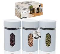 Fusion Food Stainless Steel Kitchen Canisters 3 Pack - 950 ml Airtight Storage Jars with Clear Window - 10x10x 18 cm Stainless Steel & Glass Containers for Tea, Coffee, Sugar & More