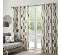 Fusion Geometric Tile Curtains - Natural - W168 x L229cm - 2 Panels - 100% Cotton - Eyelet - Soundproof Drapes for Bedroom & Living Room