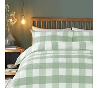 Fusion - Green Check Seersucker Duvet Cover - Double Bedding Size (200 x 200cm) - Reversible Design (Stripes) - Soft Touch - Puckered Effect Bedding - Sage Green & White Flannelette/Gingham Bed Set