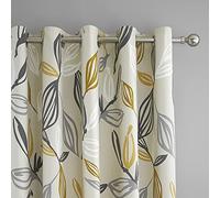 Fusion Grey & Ochre Leaf Print Eyelet Curtains W90 x L72 (229x183cm) - 2 Panels - Soft Cotton Drapes - Botanical Window Dressing for Bedroom - Thermal & Soundproof - Matching Home Accessories