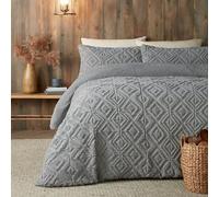 Fusion - Grey Teddy Fleece Duvet Cover - Super King Bedding Size (260 x 220cm) - Reversible Design - Dark Grey Jacquard Duvet Cover - Geometric Square Tufted Bedding - Super Soft & Cosy Fleece