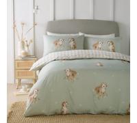 Fusion - Hattie The Cockapoo Duvet Cover - Single Bedding Size (140 x 200cm) - Reversible Designs (Gingham) - 1 Pillowcase - Green Bedding with Dogs - Checkered/Plaid Duvet Cover in Natural