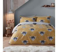 Fusion Highland Cow Duvet Cover Set Double 200 x 200cm - Ochre Yellow Polycotton Easy Care Bedding, Reversible Ochre and Grey Farm Animal Print, Includes 2 Pillowcases