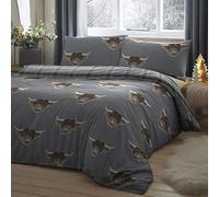 Fusion Highland Cow Grey Reversible Duvet Cover and Pillowcase Set Grey/Brown/White