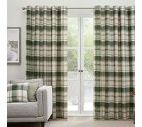 Fusion Jeannie Green Tartan Eyelet Curtains - W46 x L72 (117x183cm) - 100% Cotton - 2 Panels - Olive Green Plaid Drapes - Lined Curtains for Bedroom/Living Room/Office - Check Pattern Window Dress