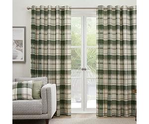 Fusion Jeannie Green Tartan Eyelet Curtains - W46 x L72 (117x183cm) - 100% Cotton - 2 Panels - Olive Green Plaid Drapes - Lined Curtains for Bedroom/Living Room/Office - Check Pattern Window Dress