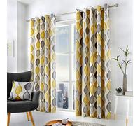 Lennox Ochre Eyelet Curtains Yellow, Grey and White