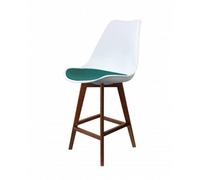 Fusion Living Soho White & Teal Plastic Bar Stool With Dark Wood Legs