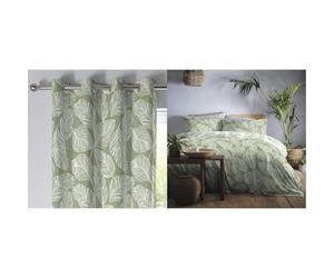Fusion - Matteo - 100 Percent Cotton Pair of Eyelet Curtains - Green - 66" Width x 72" Drop & Matteo Green Leaf Double Duvet Set Cover (1 Double Duvet & 2 Pillowcases), 200 x 200cm
