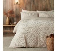 Fusion - Natural Cream Teddy Fleece Duvet Cover - King Bedding Size (260 x 220cm) - Reversible Design - Linen Beige Jacquard Duvet Cover - Geometric Square Tufted Bedding - Soft & Cosy Fleece
