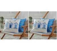 Fusion Nautical Outdoor Cushion - Blue Reversible Design 43 x 43cm - Filling Included - Beach Huts & Sailing Boats Print - Garden Cushion with Cover & Insert - Piped Edge (Pack of 2)