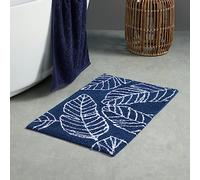 Fusion - Navy Blue Leaf Bath Mat (50 x 80cm) - 100% Cotton - Super Soft - Tropical Palm Leaves Bathroom Mat/Toilet Mat in Navy Blue - Absorbent Bath Mat - Blue Bathroom Accessory - Matteo Collection