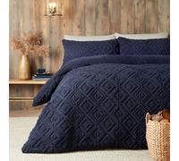 Fusion - Navy Blue Teddy Fleece Duvet Cover - King Bedding Size (230 x 220cm) - Reversible Design - Dark Blue Jacquard Duvet Cover - Geometric Square Tufted Bedding - Soft & Cosy Fleece
