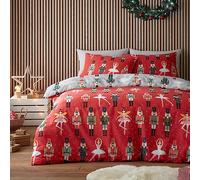 Fusion Nutcracker & Ballerina Christmas Duvet Cover Set - Single Bed Size 135x200cm - Red/Grey Reversible Bedding - Festive Nutcracker Soldier & Ballet Design - 1 Pillowcase Included