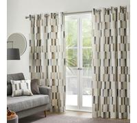Fusion Oakland 100% Cotton Natural Modern Print Pair Of Eyelet Curtains