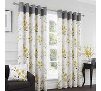 Fusion Paige Watercolour Floral 100% Cotton Eyelet Lined Curtains, Ochre, 46 x 54 Inch