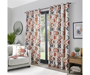 Fusion Retro Geometric Curtains - Spice Orange - W168 x L229cm - 2 Panels - 100% Cotton - Eyelet - Terracotta Circle Drapes for Bedroom & Living Room - Crescent Print Design