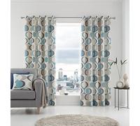 Fusion - Duck Egg Retro Vector Circle Curtains W66 x L54 (168 x 137cm) - 2x Panels - 100% Cotton - Geometric Eyelet Curtains in Duck Egg - Crescent Shape Curtains & Drapes for Bedroom/Living Room