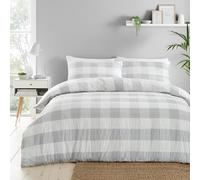 Fusion - Silver Check Seersucker Duvet Cover - King Bedding Size (230 x 220cm) - Reversible Design (Stripes) - Soft Touch - Puckered Effect Bedding - Light Grey & White Flannelette/Gingham Duvet Cover