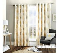 Fusion - Skandi Leaf - 100% Cotton Pair of Eyelet Curtains - 66" Width x 90" Drop (168 x 229cm) in Ochre