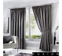 Fusion Sorbonne Charcoal Grey Pencil Pleat Curtains - W90 x L90" (229 x 229cm) - 2 Panels - Thermal Blackout Drapes - Dark Grey Window Treatment for Bedroom & Living Room - Soft Cotton