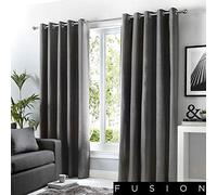 Fusion Sorbonne Dark Grey Eyelet Curtains - W66 x L90" (168x229cm) - 100% Cotton - Thermal Lined Drapes - 2 Panels - Charcoal Door Curtains - Bedroom/Living Room Window Treatment - Modern Style
