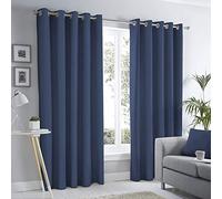 Fusion Sorbonne Navy Blue Eyelet Curtains W46 x L54 (117 x 137cm) - 100% Cotton Thermal Drapes - Dark Blue Window Treatment for Bedroom, Living Room & Door - 2 Panels