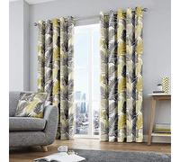 'Tropical' Exotic Palm Leaf Print 100% Cotton Eyelet Curtains Fusion Yellow 168cm width x 229cm drop