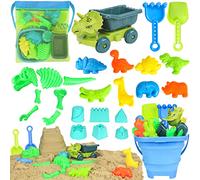 FUSPWEAO Beach Toy, Dinosaur Sand Toy with Dump Truck and Foldable Beach Tub, Shovel and Rake, Mesh Bag, Animal Dinosaur Sand Moulds Toy