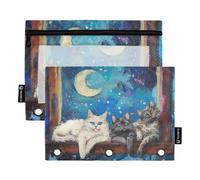 Fustylead 3 Cats Lazing Around on Windowsill with Moon Rising Pencil Pouch Fits Standard 3-Ring Binders, Zipper Binder Pencil Bag with Clear Window for Office School Cosmetic 2 Pack