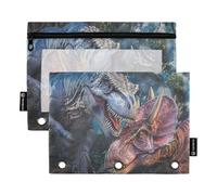 Fustylead 3D T-rex Fight Triceratops in The Jungle Pencil Bags for 3 Ring Binders, Zipper Pocket Pouch with Clear Window Pencil Case Bags for Home Office School Children Suppliers 2 Pack
