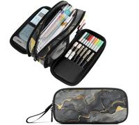 Fustylead Abstract Black Gold Cracks Liquid Watercolor Marble Large Pencil Pen Case Stationery Bag 3 Compartments School College Office Organizer