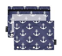 Fustylead Anchors on Dark Blue Background Binder Pencil Pouch for 3 Ring, Pencil Pouches Bags with Zipper Clear Window for School Office Cosmetic Students Supplies, 2 Pack