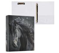 Fustylead Beautiful Black Horse with Long Mane 3 Ring Binder, D-Rings 1.5" Hardcover Folder, Fits 200 Sheets of A4 Paper, Durable Clipboard & Clean View with Inside Pockets for School Home Office