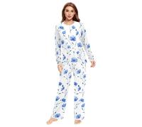 Fustylead Beautiful Blue Cornflower Matching Couple Pajama Set 2 PCS Long Sleeve Lounge Jammies for Families Men Women