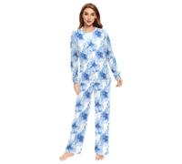 Fustylead Beautiful Blue Poppy Flower Matching Couple Pajama Set 2 PCS Long Sleeve Lounge Jammies for Families Men Women
